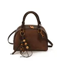 Retro brown shell bag in suede and smooth leather mix with wooden bead tassel charm - With Pendant / Brown
