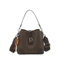 Brown leather bucket bag with wide striped strap and metallic D pendant on white background - With Pendant / Brown