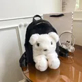 Cute black plush teddy bear crossbody bag with contrast white faux fur details - One Size / Black