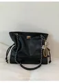 Minimalist black retro tote bag with silver chain strap and plush pendant detail - With Pendant / Black