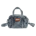 Blue denim Boston bag with brown leather patch and adjustable crossbody strap - Blue