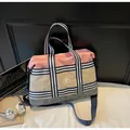 Pink khaki and grey patchwork large travel tote bag with stripe straps and bike logo - One Size / Pink