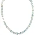 Close-up of light blue natural stone beads and silver spacers on bohemian necklace - Blue-Green & Gold Spaced