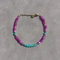 Titanium steel bracelet with purple and turquoise beads and golden circular charm tag - One Size / Purple Cut Stone Lake Blue Bead Style (31) / 17+3cm