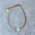 Close-up of pink and white beaded bracelet featuring a mother-of-pearl clover and heart charm - Flesh Pink Clover Style (K) / 17+3cm