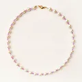 Close-up of pearl and purple bead necklace with a gold lobster clasp fastener - Short Choker Length / Purple Transparent
