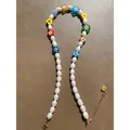 Collier de perles d'eau douce fraîches avec fleurs en verre colorées et fermoir doré - Fleurs Colorées / 38+5cm