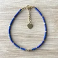 Bohemian handmade beaded bracelet featuring blue cylinder stones and heart charm - Deep Blue Lapis Style (B) / 17+3cm