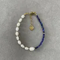 Detail of vintage freshwater pearl bracelet with blue gemstones and heart pendant - Asymmetric Style with Artificial Pearl and Dark Blue Faceted Beads (Bracelet 9) / 17+3cm