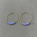Bohemian gold hoop earrings with blue and white striped beads in a minimalist style - Blue White Striped Bead Bohemian Hoop (Style D)