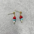 18K gold plated drop earrings with red marble beads, blue stones and white pearls - Red Blue White Vertical Layered Bead Earring (Style J)