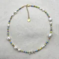 Bohemian choker with colorful seed beads and irregular white baroque pearls - Short Choker Length / Yellow Blue Purple