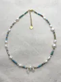 Bohemian choker with irregular baroque pearls and multi-colored beads on beige canvas - Short Choker Length / Yellow Blue