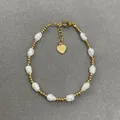 Bracelet en perles d'eau douce baroques avec perles dorées 18k et breloque cœur - Style Perle Or & Blanc Pendentif Cœur (J)