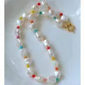 Baroque pearl necklace with multi-color beads and gold clasp on ceramic plate - 43cm Choker bp7-8 / Red Pink Blue Orange Yellow