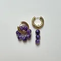 Fashionable gold earrings with natural purple stone charms in an asymmetric design - Asymmetric Cluster And Vertical Design / Purple