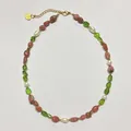 Beaded necklace with pink raw stones, green beads, and white pearls on golden chain - Style 13 (Necklace)