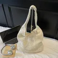 Chic cream hollow woven knit tote bag with drawstring closure and wide shoulder strap - One Size / Off White