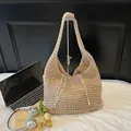 Beige hollow crochet tote bag with drawstring closure and woven shoulder strap - One Size / Yellow