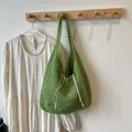 Green crochet woven tote bag with drawstring closure and shoulder strap for beach - One Size / Green