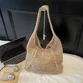 Beige hollow woven knit tote bag with drawstring closure and wide shoulder strap - One Size / Khaki