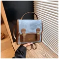 Retro grey-blue and brown patchwork mini backpack with adjustable straps and gold hardware - Blue