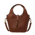 Sac seau en cuir grainé marron foncé avec poignée circulaire et bandoulière - Marron