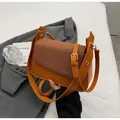 Retro flap crossbody bag in orange leather and brown textured fabric with wide strap - Green