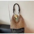 Handcrafted woven hobo bag with dark brown wooden beaded strap and hollow texture - Coffee