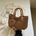 Handmade brown crochet knit tote bag with heart charm and a soft 3D textured weave - With Lining / Khaki