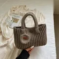 Handmade brown knit tote bag with waffle pattern texture and handmade leather tag - With Lining / Gray