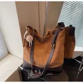 Vintage brown suede bucket bag with large capacity and leather trim plus cute plush charm - With Pendant / Brown