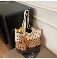 Three-tone gradient crochet tote bag with a brown plush bear charm and tulip accents - With Pendant / Coffee