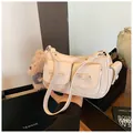 Retro cream white shoulder bag with bow pockets and brown plush bear charm accessory - With Pendant / White