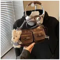 Dark brown retro shoulder bag with multiple pockets and a cute plush bear charm - With Pendant / Coffee