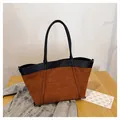 Brown faux suede tote bag with black leather handles and large capacity design - Brown