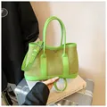 Light green suede tote bag with contrast leather handles and wavy edge design - Large / Green