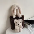Brown and beige faux shearling tote bag with a 3D plush bear and soft fuzzy texture - One Size / Coffee & Khaki