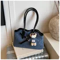 Denim tote bag with wavy edge design, black leather handles and cute bear charm pendant - With Pendant / Black