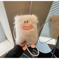 Funny white plush crossbody bag with cartoon face and pink sausage lips for women - White
