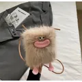 Funny beige plush monster crossbody bag with cartoon pink sausage lips and dangling feet - Beige
