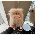 Khaki plush monster crossbody bag with funny pink lips and fuzzy long-hair texture - Khaki