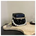 Elegant black evening bag with pleated leather, sparkling rhinestones and pearl handle - Black