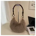 Bolso de peluche retro color camello con cuentas de madera y asa de tela marrón - Talla única / Caqui