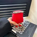 Mini red leather lipstick pouch with silver chain and metal clasp closure - One Size / Red