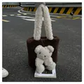 Brown and white faux shearling tote bag with teddy bear applique and long handles - Beige Strap / One Size