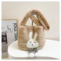 Bolso tote de felpa caqui con parche de conejo lindo y detalles de patas a rayas - Talla única / Caqui