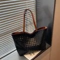 Retro woven leather tote bag in black and brown finish with dual shoulder straps - Black and Brown