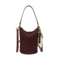 Retro burgundy suede bucket bag with diamond quilted texture and beaded charm detail - With Charm / Red