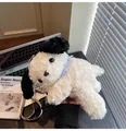 Lindo bolso bandolera de peluche de perro blanco y negro con bufanda floral azulada - Blanco